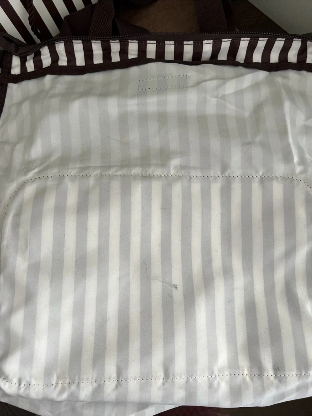 Henri Bendel Brown and White Striped packable backpack, lightweight, zip around